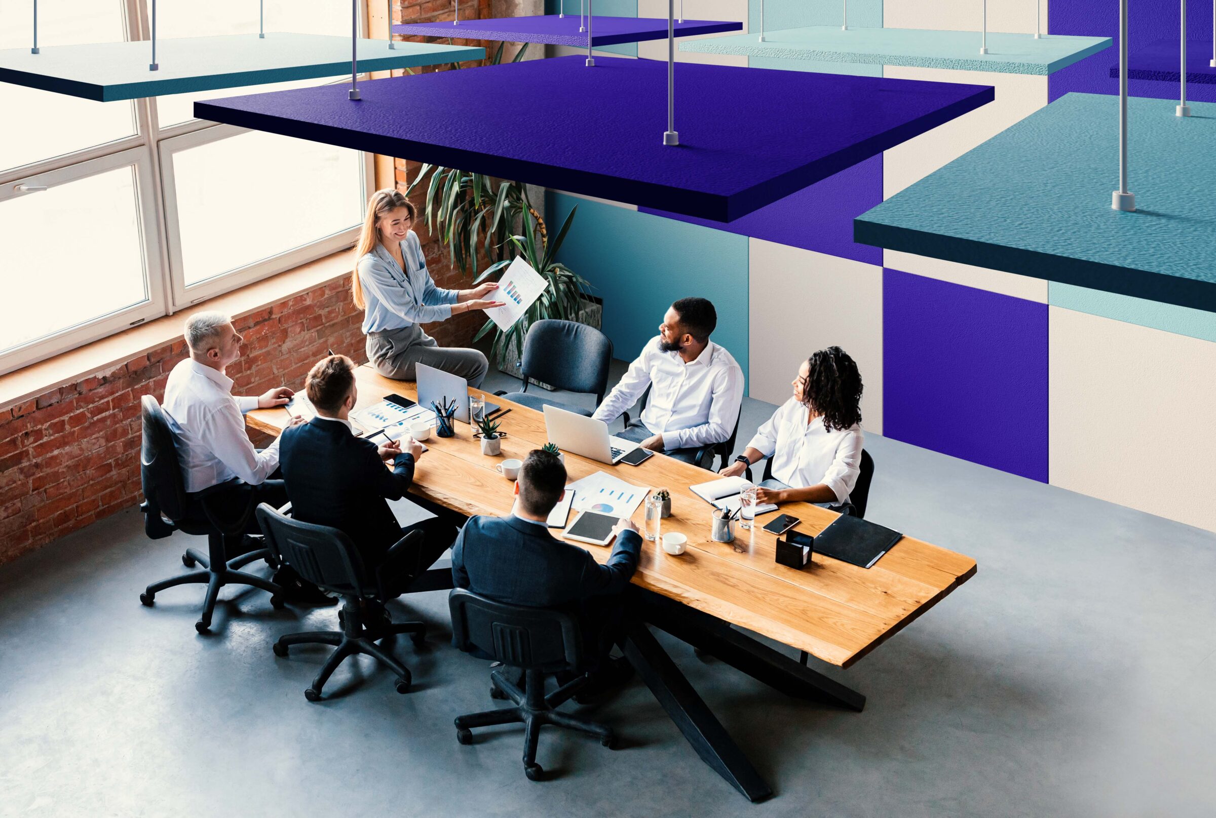 Long Banner With Successful Business Team Having Meeting In Office